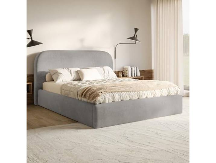 MOTIVENA Mono Bett 160x200 Grau Samt, mit Stauraum, mit Kopfteil, mit Lattenrost, ohne Füße, ohne Matratze, Polsterbett 160x200 mit Bettkasten Grau (Hellgrau)