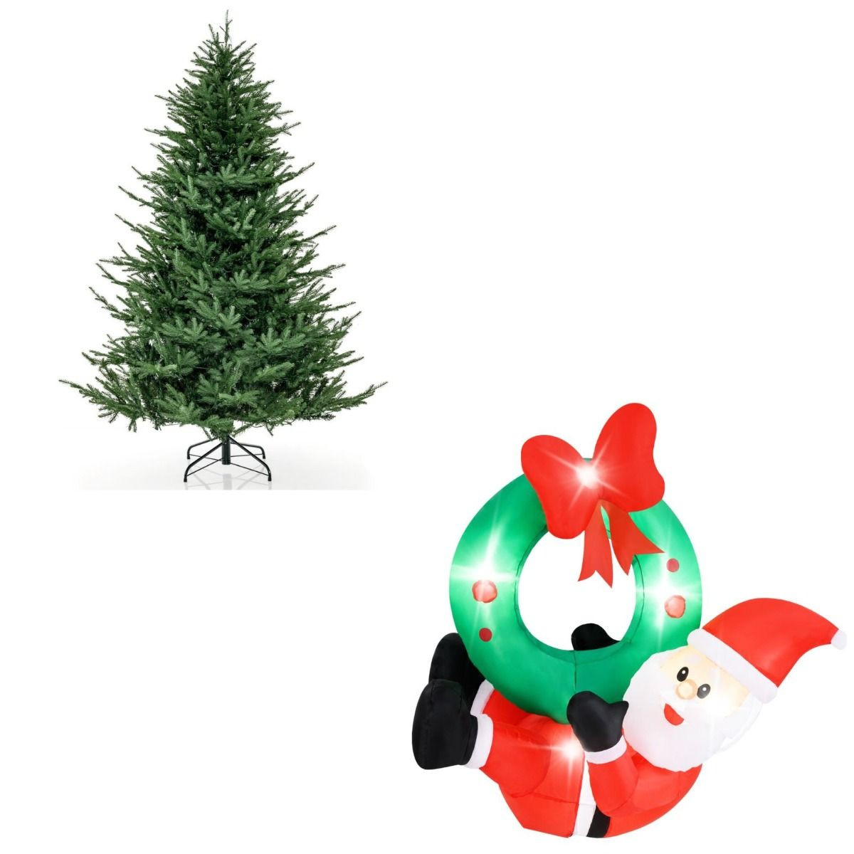 Costway Kerstset met Led-kerstboom 280 cm, Opblaasbare Kerstman en Kerstkrans met Rode Strik