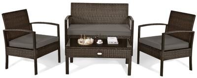 Costway 4 Pieces Patio Rattan Cushioned Furniture Set with Loveseat and Table -Brown