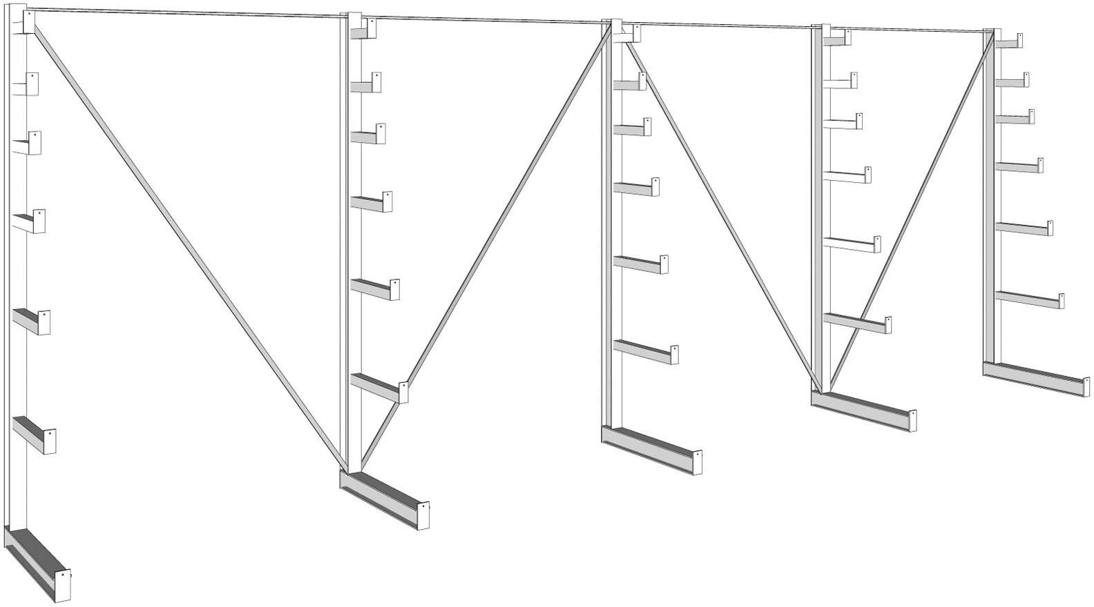 META Kragarmregal, einseitig, Langgutregal, 150 kg, 2000 x 5400 x 590 mm