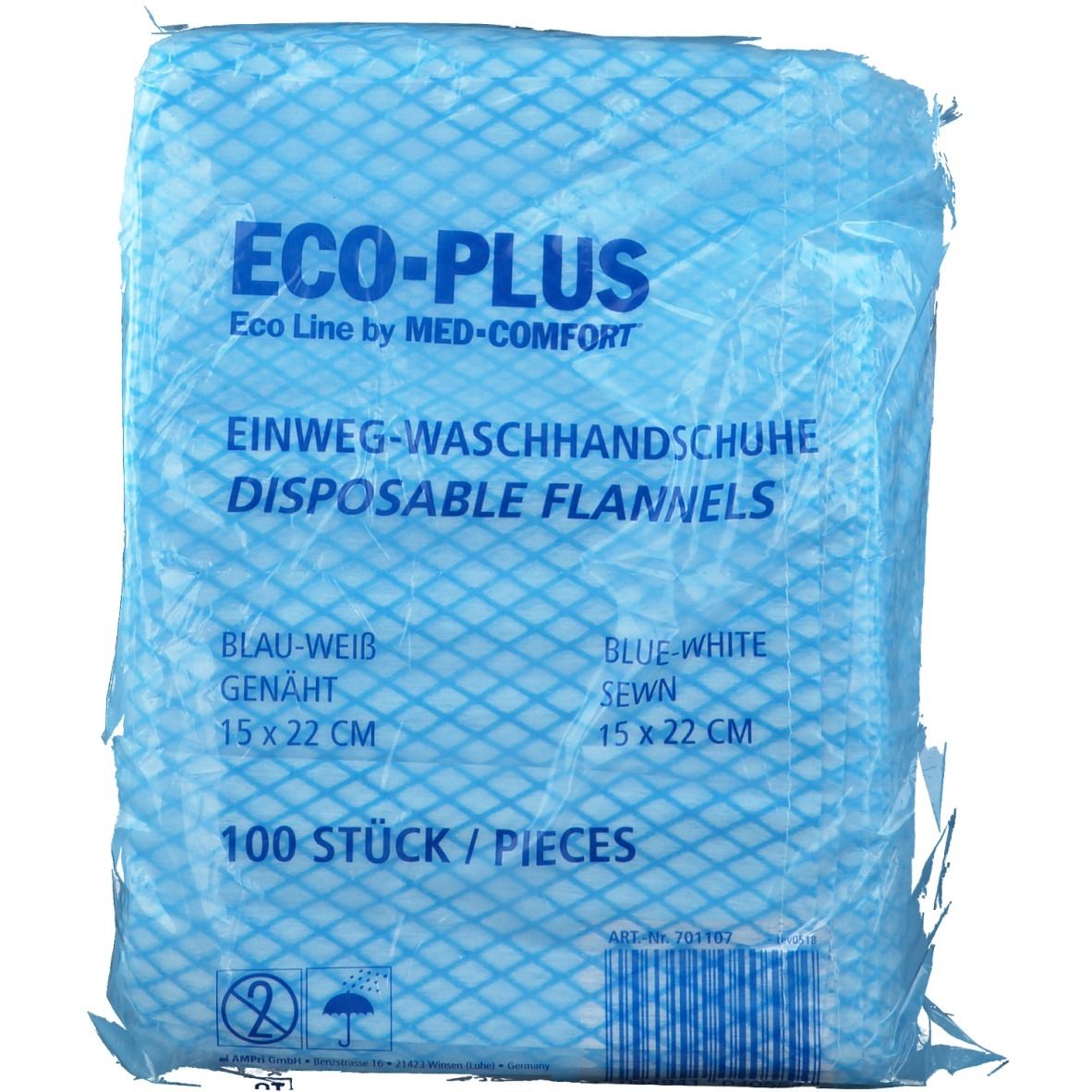 Einmal Waschhandschuh Eco-Plus blau-weiß genäht 100 St Handschuhe