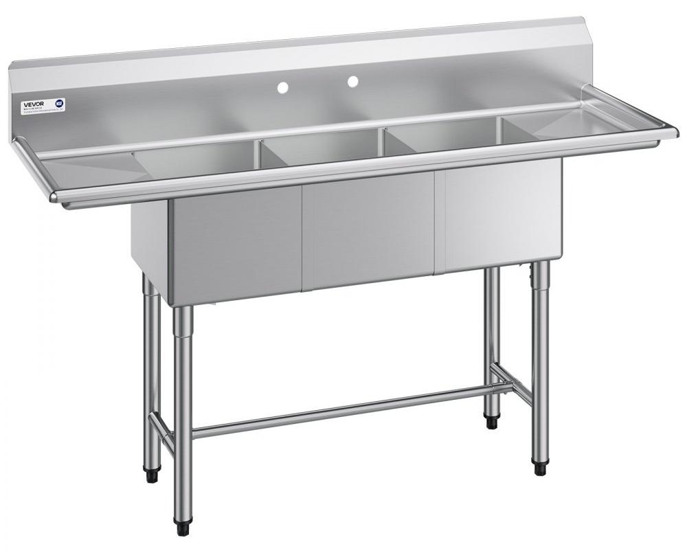 Spülbecken für Küchen, 3-fach - Edelstahl 304 - 1678 x 558 x 1097 mm - Mit Spritzschutz - Professionelles Küchenspülbecken