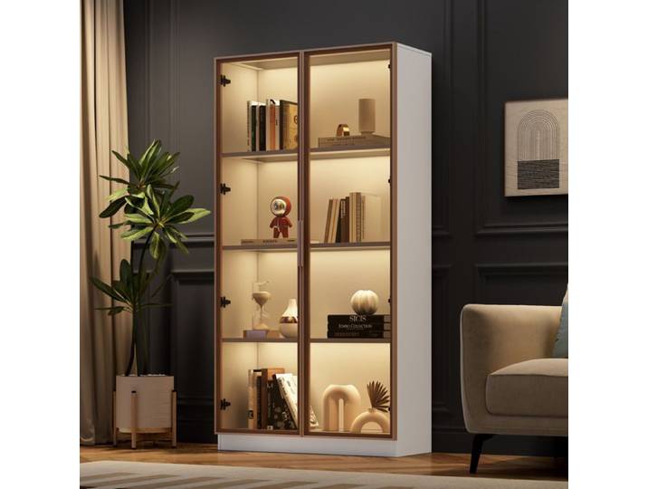 Vitrine Armoire VIVRYN LED 2 Portes Étagères Réglables Panneaux de Particules 80 x 40 x 160 cm Blanc