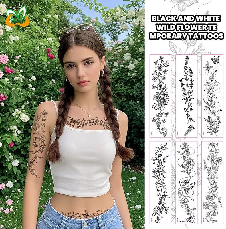 INF Tattoos Temporaires Fleurs Sauvages - Ensemble de 10 Feuilles