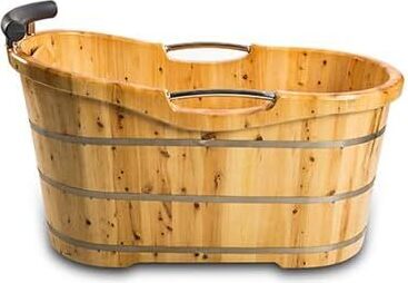 PureHaven freistehende Holzbadewanne 150x67x82 cm aus Zedernholz 150 L ergonomische Formgebung pflegeleichte Oberfläche verstärkter Rahmen mit Ablauf