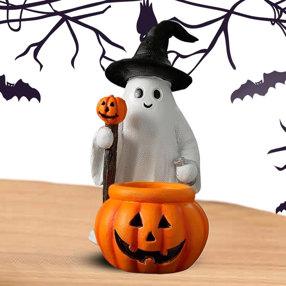 Wit Spookbeeldje Decoratie - Handbeschilderd Hars Sculptuur voor Halloween - Hoogte: 18 cm