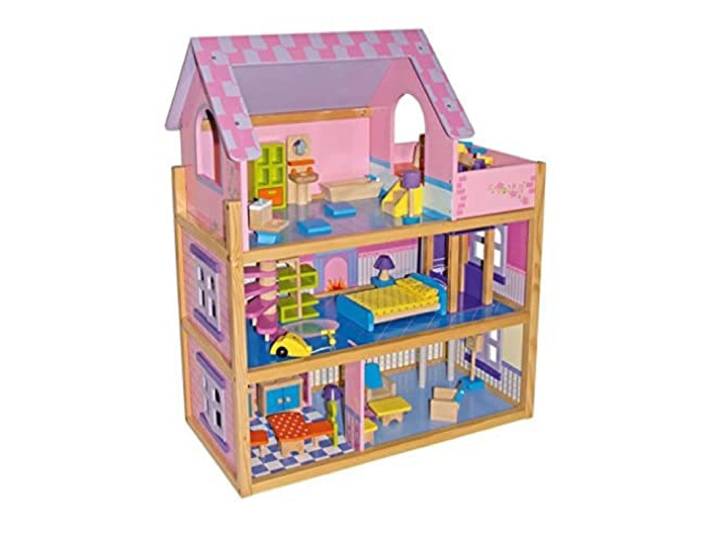small foot 1535 Puppenhaus Rosa aus Holz, mit 3 Etagen, Wendeltreppe, Fahrstuhl und 23 Puppenmöbeln, ab 3 Jahren