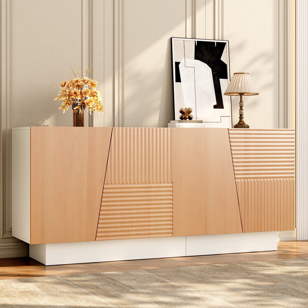 Sweiko Dressoir Halmeubel met Geometrisch Groefpatroon en Verstelbare Planken - Natuurlijk + Wit