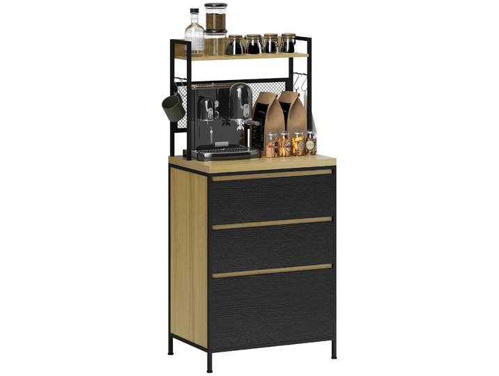 HOMCOM Armoire de cuisine buffet cuisine meuble de rangement industriel avec 3 tiroirs, plan de travail, étagère et 4 crochets,