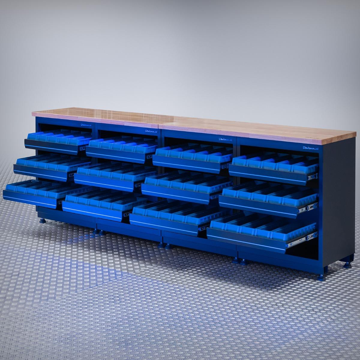 Datona Werkbank met eiken werkblad en opbergbakken, 272 cm