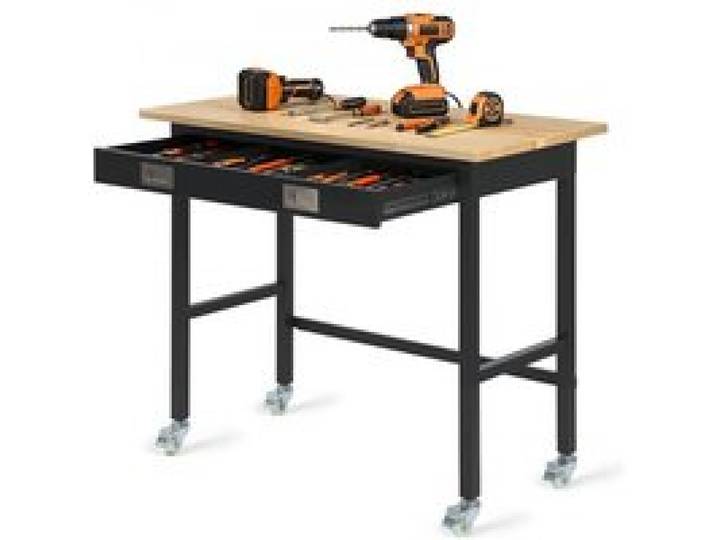 VEVOR Établi Atelier sur Roulettes 122x61 cm Établi Garage Charge 680 kg Table de Travail pour Bricolage Garage Atelier Bureau, avec Tiroir de Rangement, Plateau en Bois Chêne Massif Épaisseur 2,5 cm