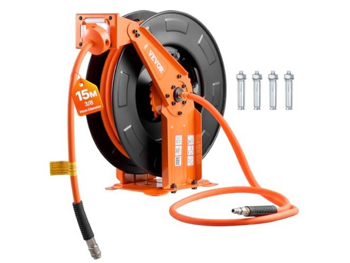 VEVOR Enrouleur Tuyau Air Comprimé 15 m x 9\,5 mm Dévidoir Tuyaux Compresseur Air Pression Max 20\,7 bar Enrouleur Automatique Tuyaux Hybrides\, Fixation Plafond Mur\, Tuyau d'Arrivée 1\,52 m\, Bras Double