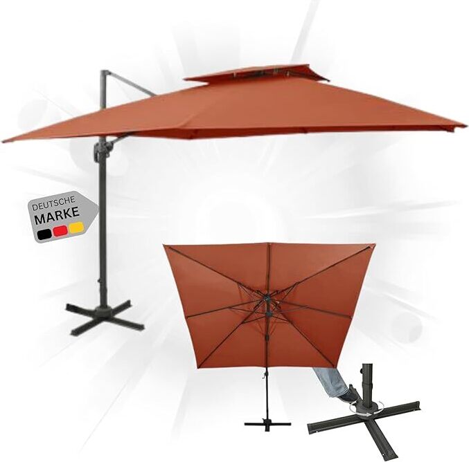 DELUKE Sonnenschirm rechteckig LOTI 300cm Terrakotta | UV-Schutz, Kippbar, Kurbelsystem | Ampelschirm rechteckig Freiarm Sonnenschirm 300 cm Kurbelschirm Standschirm Sonnenschutz Gartenschirm