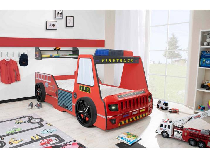 Aileenstore Autobett Rio (inkl. LED Licht und Lattenrost), Feuerwehrbett, 90x200 cm, LED Licht, Hochglanz, Lattenrost