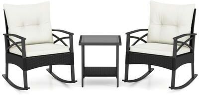 Costway 3 Pieces Outdoor Rattan Rocking Chairs Set with 2-Tier Side Table for Garden Backyard-White