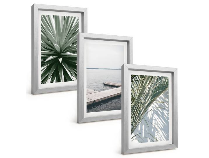 BILDER SET 3er Set - 20x30 cm Silberner Rahmen - Palmenblätter-Holzbrücke