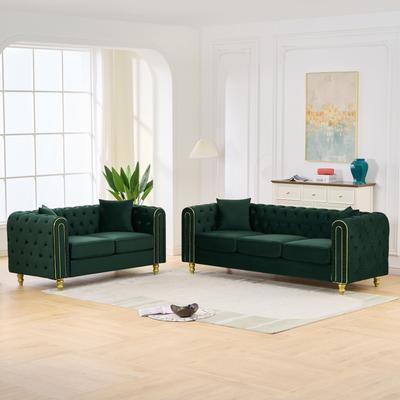 GDFStudio Elarion Velvet Chesterfield Sofa and Loveseat Set with Tufted Rolled Arm Design