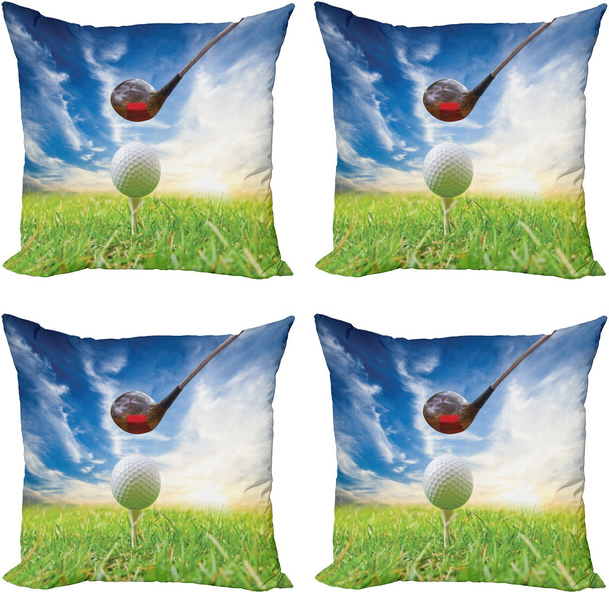 ABAKUHAUS Set van 4 Sport Sierkussens met Golf Club en Bal Print, Groen Blauw, 40 x 40 cm