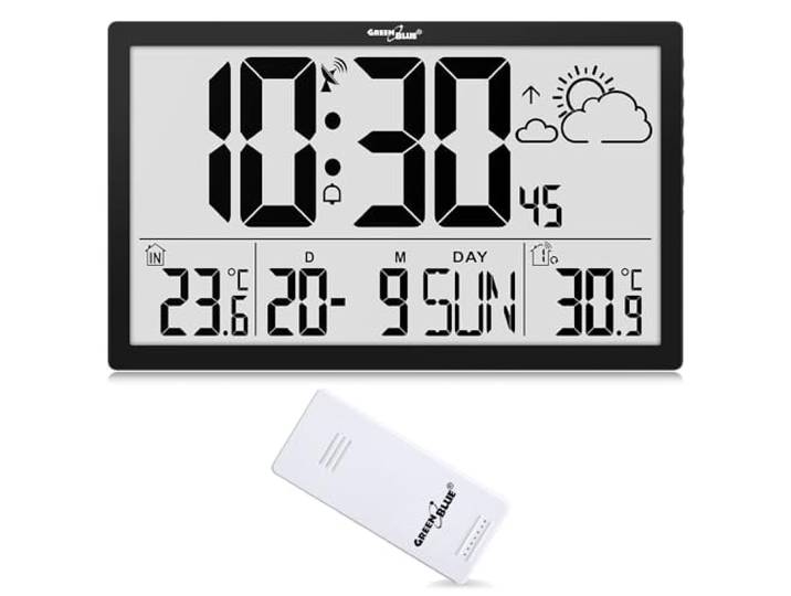 Green Blue GB218 Station météo Horloge murale numérique avec capteur extérieur\, horloge DCF\, 37x22\,5cm Grande horloge murale