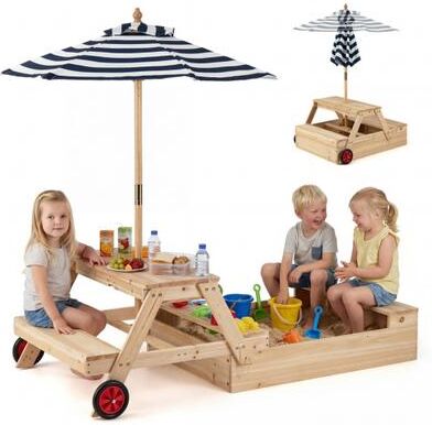 Costway 2-in-1 Wooden Sandbox with Foldable Umbrella and Convertible Picnic Table-Blue