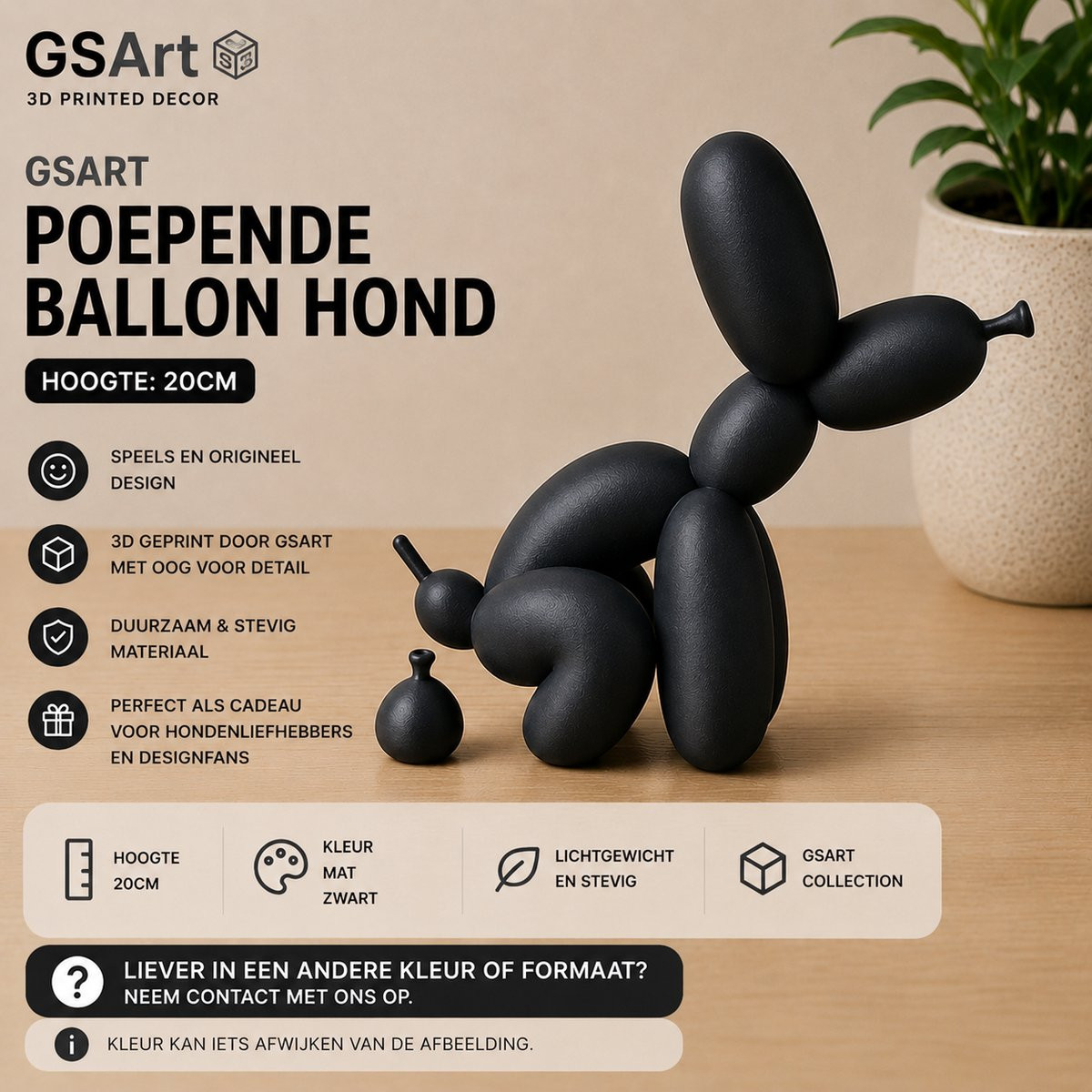 GSArt Decoratief Beeld Poepende Ballon Hond - Mat Zwart - 20 cm