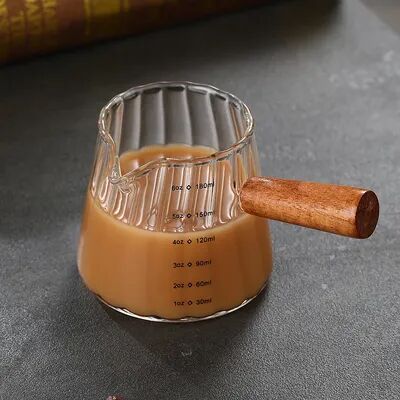 Multisell Products Hub Glass Measuring Cup With Wood Handle, Vertical Grain Coffee Extraction Mug With Scale, Milk Jug Measure clear