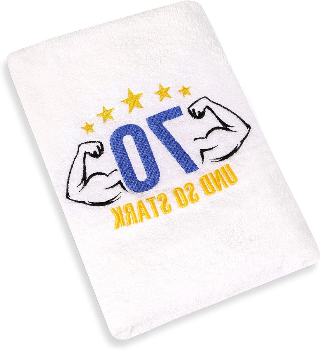 Wit Verjaardagshanddoek met geborduurde spieren als cadeau voor 70 jaar - Breedte: 50 cm, Lengte: 100 cm