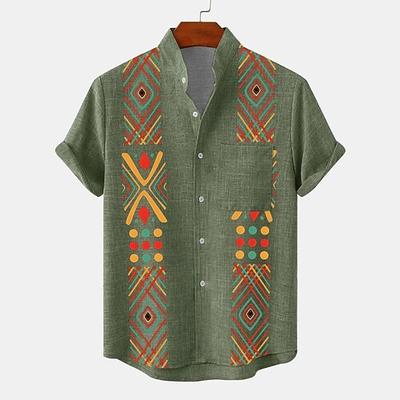 Herren Hemd Knopfhemd Kurzarm Vintage Brautkleider schlicht Stamm Urlaub Täglich Sommer Frühling Stehkragen Opa Kragen Bedruckt Grün Khaki Beige