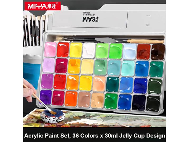 HIMI Ensemble de peinture acrylique, 36 couleurs x 30 ml, conception de tasse de gelée dans une mallette de transport, non toxique pour toile, bois, tissu, dessin sur cuir
