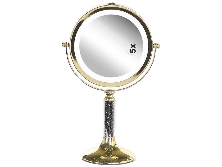 BELIANI Schminkspiegel Gold Eisen rund doppelseitig drehbar mit LED Licht Ständer 5-fach Vergrößerung Klassisch Kosmetikspiegel Tischspiegel