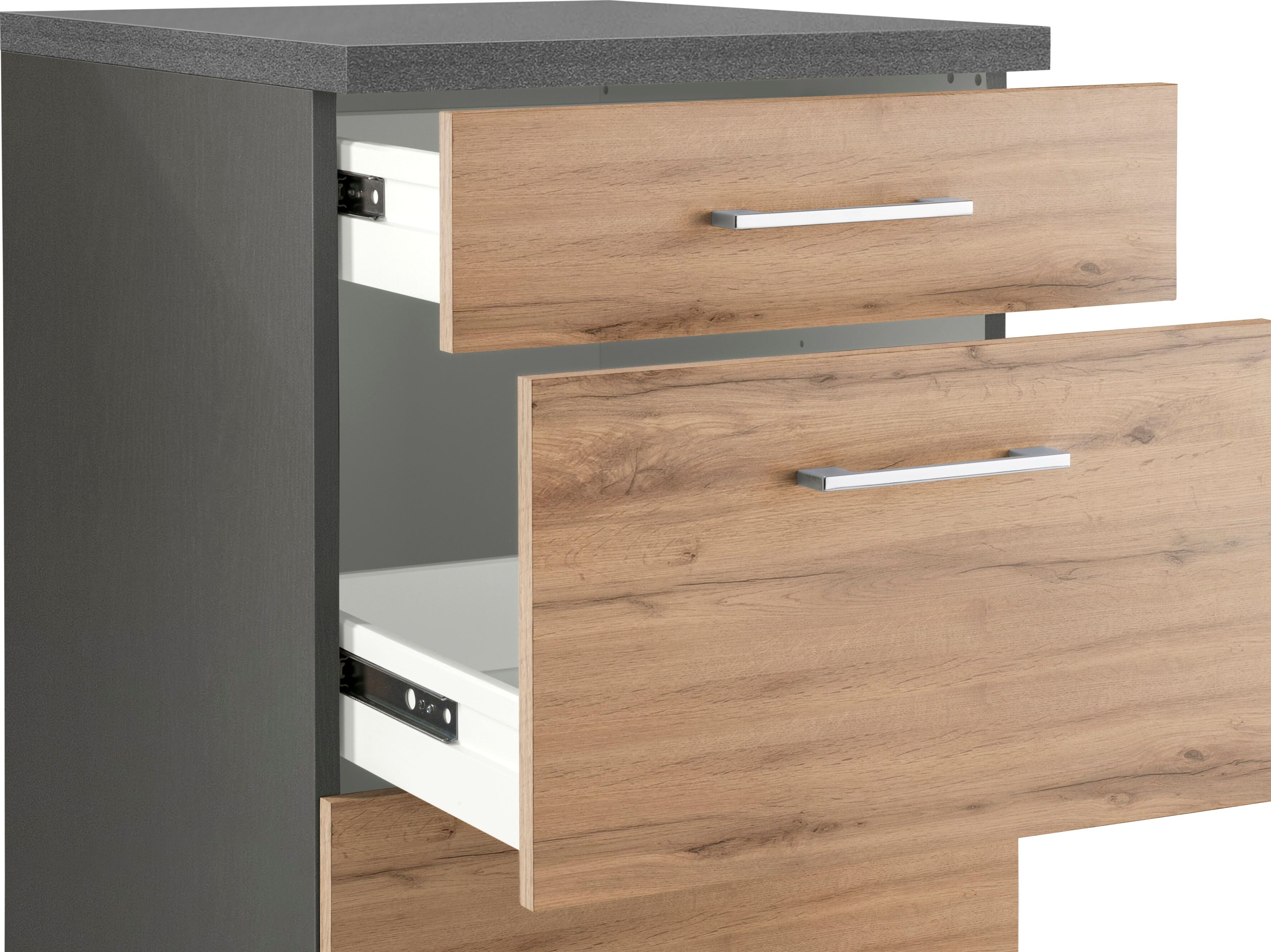 Auszugsunterschrank KOCHSTATION "KS-Colmar", grau (wotaneiche, grafitgrau), B:50cm H:85cm T:60cm, Holzwerkstoff, Schränke, Auszugsunterschrank, 50 cm, mit Metallgriff, alles sofort greifbar dank zwei großer Auszüge