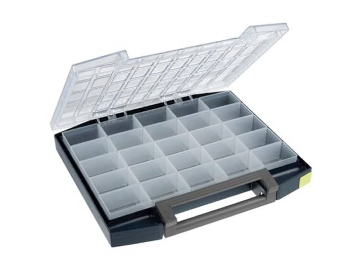Raaco Boxxser 55 5x10-25 boîte de rangement\, 25 compartiments\, système Boîte de Rangement Visserie Premium pour Atelier avec 25 Compartiments\, Stockage Sécurisé\, Portable\, 36.1 x 42.1 x 5.5 cm