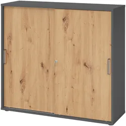 bümö Schiebetürenschrank 3OH - Aktenschrank abschließbar, Sideboard Schrank mit Schiebetüren in Graphit/Asteiche, Streifengriff - Büroschrank aus