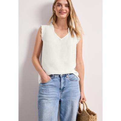Rüschenbluse STREET ONE, Damen, Gr. 42, weiß (sanftes weiß), Web, Obermaterial: 88% Viskose, 12% Polyamid, unifarben, hüftbedeckend, V-Ausschnitt, Rüschen, Blusen, Sommertop mit V-Neck und Rüschen
