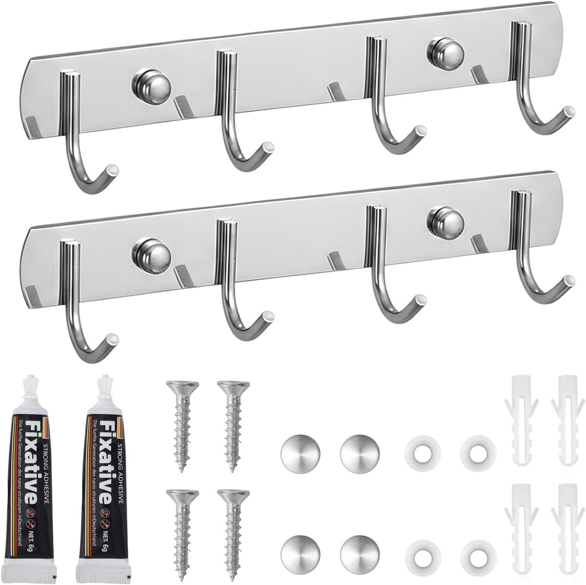 Set van 2 SnelShoppen Haakstrips van 304 RVS met 4 kledinghaken voor keuken, badkamer of gang
