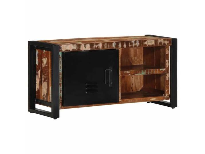 Meuble TV en bois de récupération - - 80x30x40 cm - Noir et marron - Bois de récupération massif - Fer - 1 porte