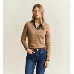 Gant für Damen. 4800101 Strickpullover mit Zopfmuster in Khaki (L), Beige, Lässig, Baumwolle, Klassisch, Langarm