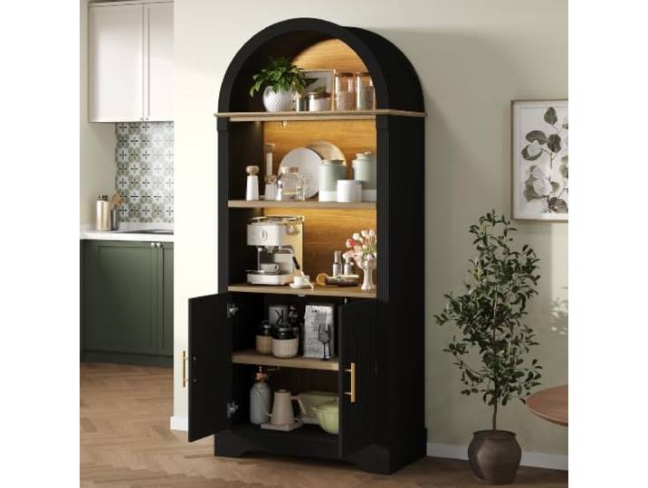 VILUXE Highboard 180 cm mit LED 3 Fächern & Regalböden Schwarz Modernes Highboard mit LED-Beleuchtung, 3 offenen Fächern, Doppeltüren und verstellbarem Einlegeboden für Küche und Esszimmer