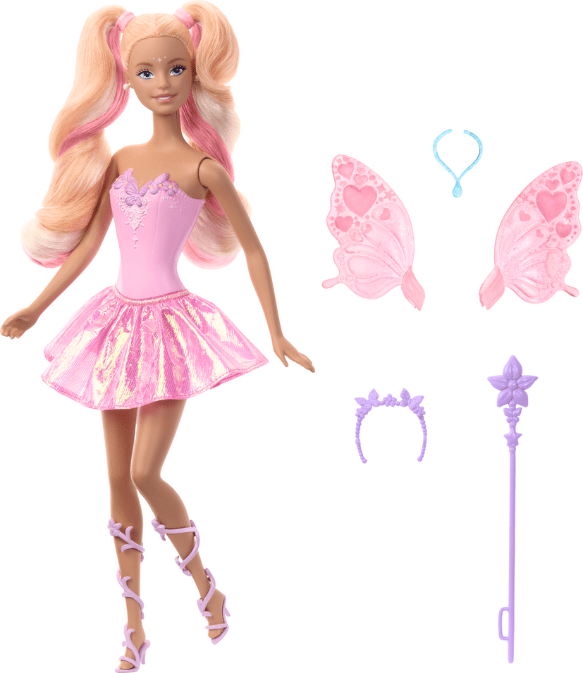 Mattel Barbie Colour Change Feature Fairy Doll with Magic Wand and Transforming Wings for Girls, Pink/Red