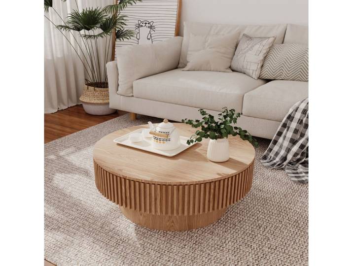 ULEVR Table basse ronde 75 cm en bois naturel et MDF avec rangement caché design rainuré salon