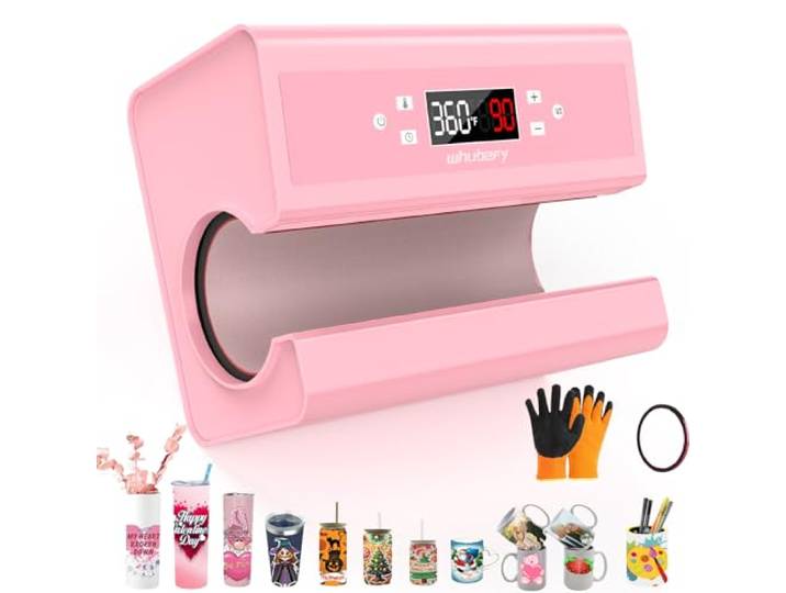 Automatische Heißpresse für Becher, pinkfarbene Tassen-Heißpresse für 10-30 oz (2,9-3,34 Zoll), gleichmäßige und schnelle Erwärmung, für gewerblichen/privaten Gebrauch mit Starter-Kit (Rosa)
