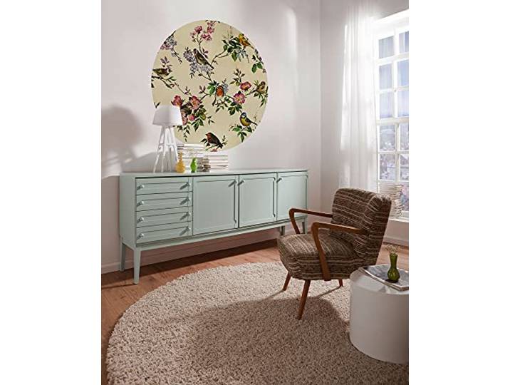 Komar DOT runde und selbstklebende Vlies Fototapete - Bird Party - Ø Durchmesser 125 cm - Vögel, Ornithologie, Tapete, Wandtattoo, Schlafzimmer, Wohnzimmer, Wanddeko - D1-100