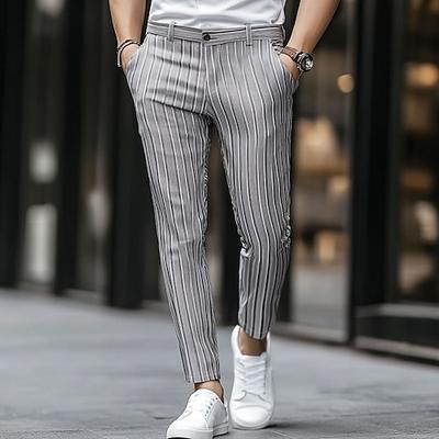 Herren Geometrisch Gestreift Anzughosen Hose Hosen Mittlere Taillenlinie Business-Casual Outdoor Urlaub Strassenmode Mit Taschen Schmaler Schnitt Flache Front Sommer Frühling Herbst 3D-Druck Kaki Grau