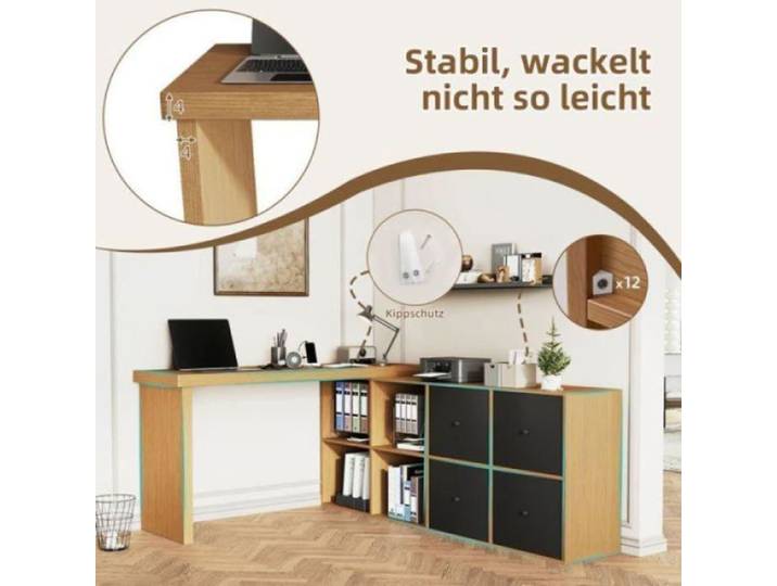 Bureau Pliable table d'angle 260x48x78cm plateau tournant 360° 4 tiroirs 4 compartiments installation flexible
