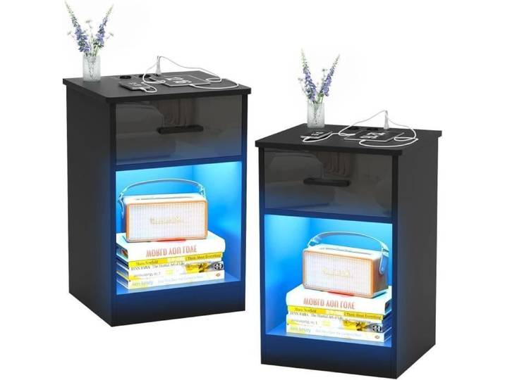Table de chevet - DHHOZAMZ - Lot de 2 - Avec station de charge - Lumière LED - Noir
