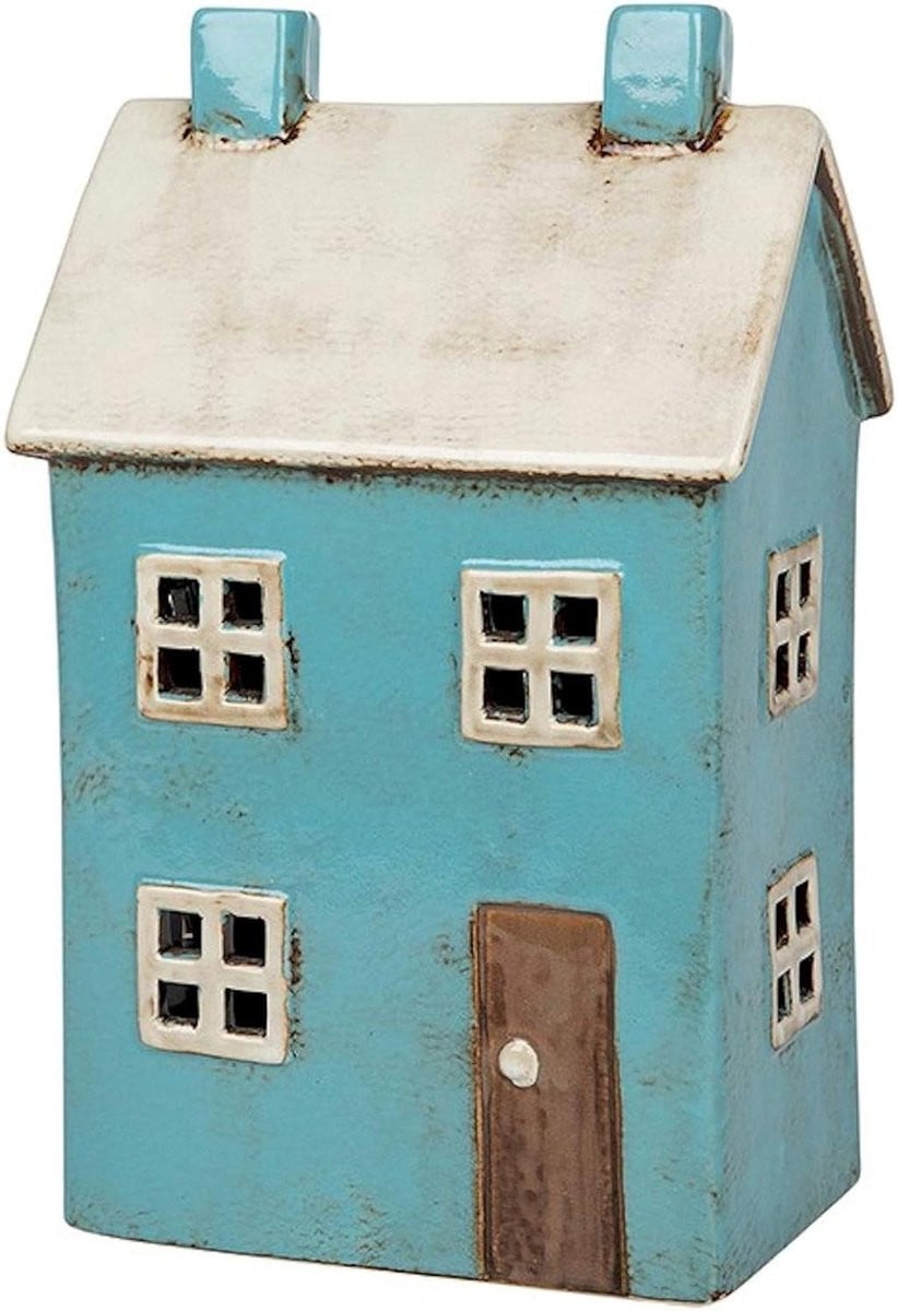 Handgemaakte aardewerk theelichthouder voor sfeervolle decoratie, Blauw Wit, Hoogte: 25 cm