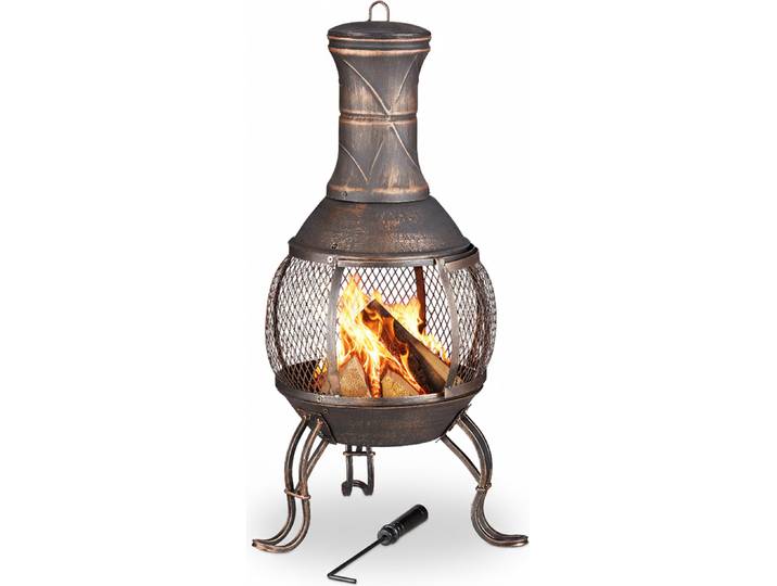 Relaxdays Aztekenofen, Schürhaken, Holzrost, Funkenschutzgitter, Garten, Terrasse, antiker Feuerofen, Höhe 89 cm, bronze