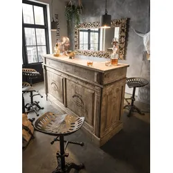 Faktorei Bar-Tresen Schrank Mangoholz massiv mit Beschriftung, ca. 180x106x55