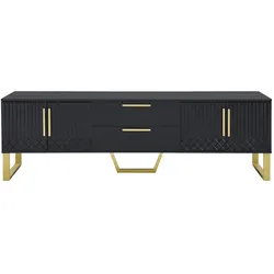 OKWISH TV-Schrank MDF Schwarz Hochglanz mit 4 Türen und 2 mittleren Schubladen, 170x40x53,5 cm