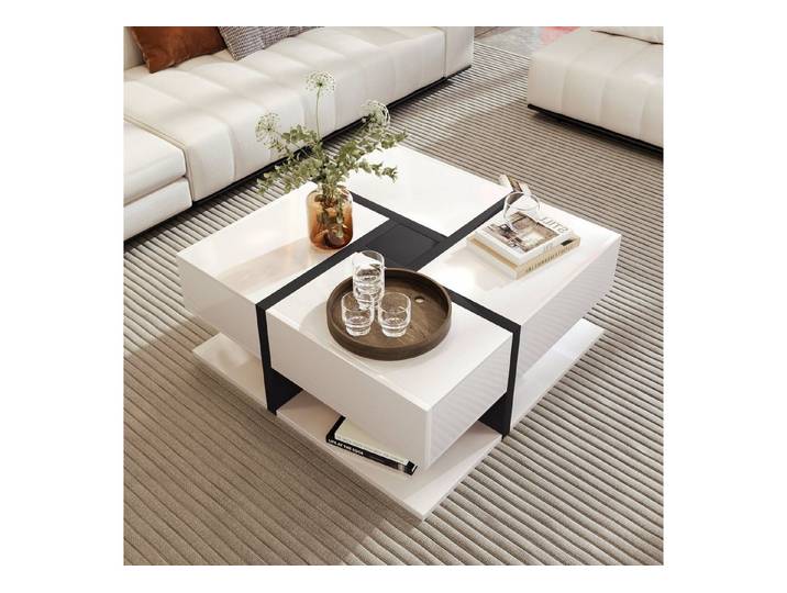 Merax Couchtisch mit versteckten Schubladen, Beistelltisch mit geometrische Design, hochglänzend mit Sockel, Wohnzimmetisch